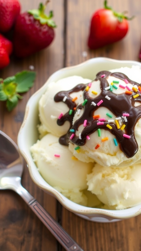 Homemade Vanilla Ice Cream Recipe A bowl of vanilla ice cream topped with chocolate sauce and sprinkles, served with strawberries on a wooden table.